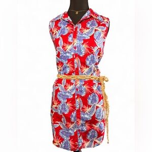 Vintage NorthStyle Red and Blue Tropical Leaf Patterned Dress